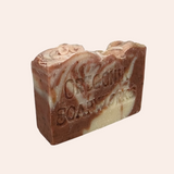 Bar of soap with a marbled design on a gray background