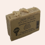 Bar of soap with a label on a gray background