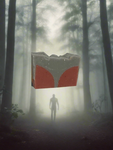 Person standing in a foggy forest with a large, red and gray block in the foreground.