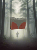 Person standing in a foggy forest with a large, red and gray block in the foreground.